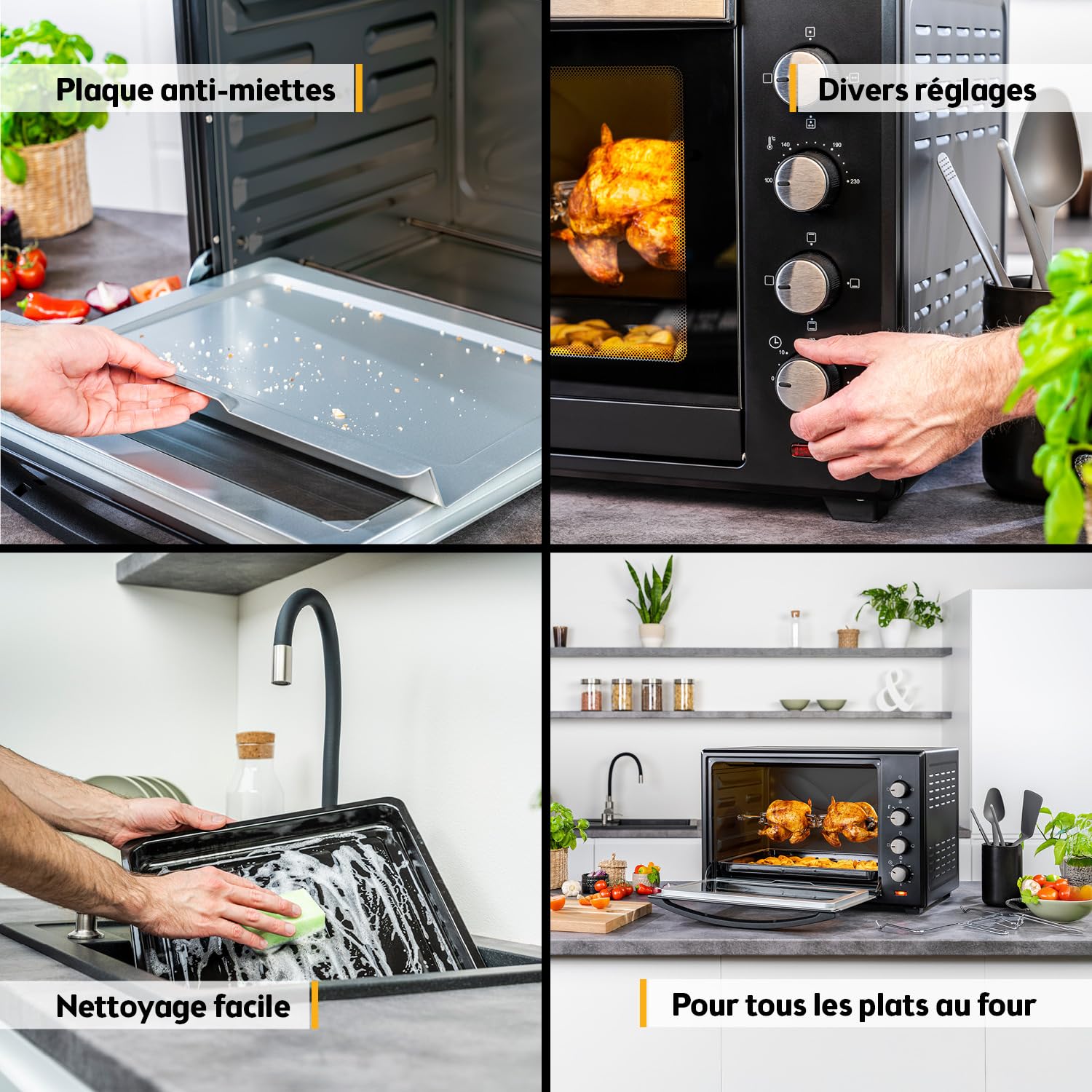 TZS First Austria - Mini-Four 60L 2000W - Four spacieux pour pizza avec température jusqu'à 230°C et 6 modes - Avec minuterie de 60 min, 4 hauteurs d'insertion, plaque, grille et tournebroche rotatif