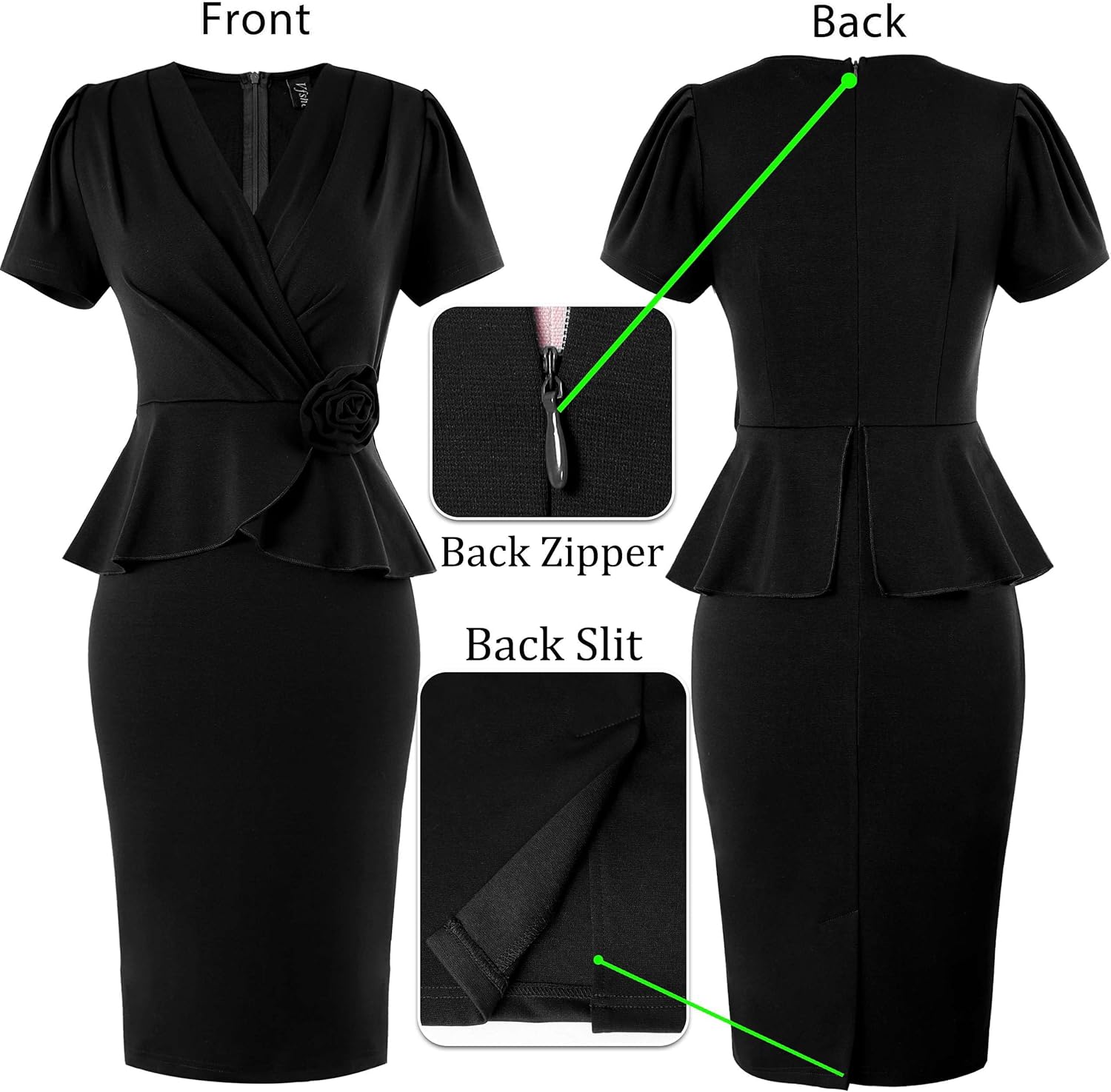 VFSHOW Womens 2024 Business Work Office 3D Flower Pleated Puff Sleeve Faux Wrap V Neck Slim Bodycon Pencil Dress