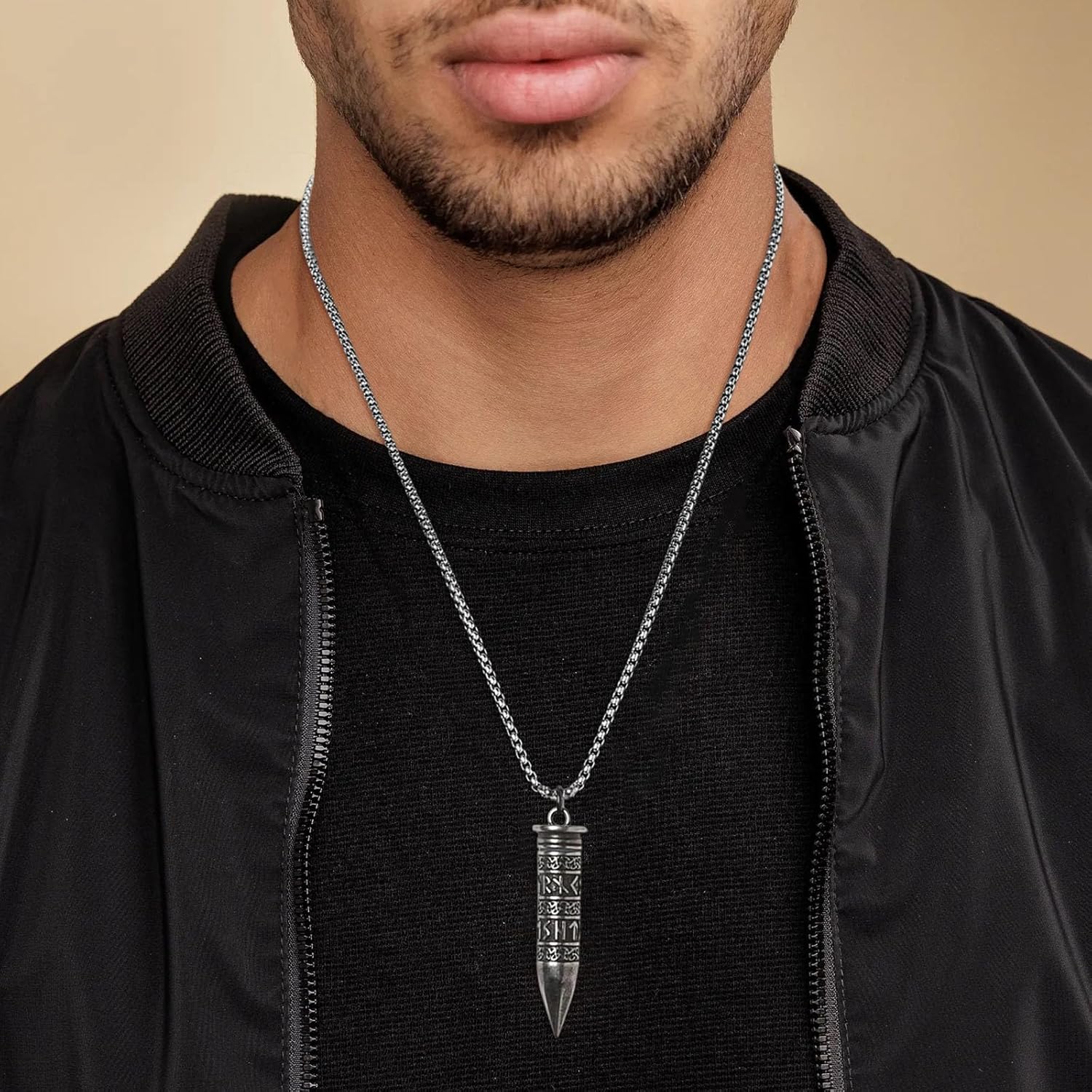 HZMAN Bullet Cremation Urn Necklace for Ashes Stainless Steel Viking Runes Memorial Pendant for Men Keepsake Jewelry - Image 3