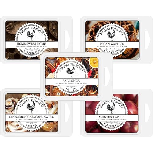 Farm Raised Candles –16 Ounces - 3 Oz Each - 5 Pack Variety - USA Made - Fall Wax Melts – Hand-Poured 100% Soy – Fall Spice – Apple, Cinnamon, Pumpkin, Pecan Waffles – Scented Wax Melts