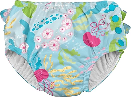 i Play. Baby Girls' Ruffle Snap Reusable Absorbent Swim Diaper, Aqua Coral Reef, 24 Months