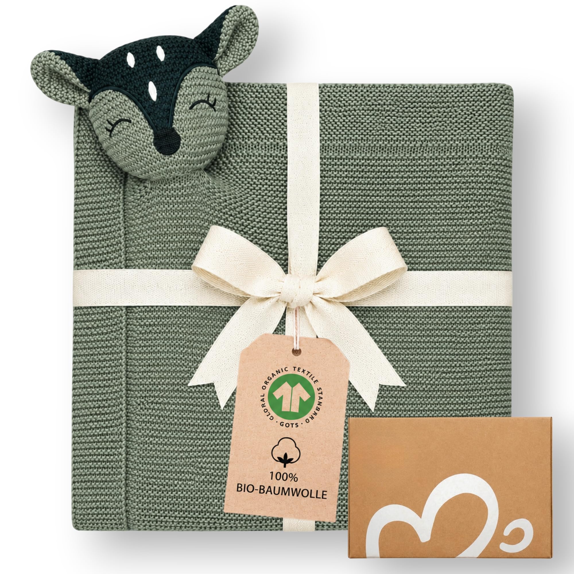 GOTS - Coperta per neonati in cotone, 2 in 1, lavorata a maglia, 80 x 100 cm, con cervo, per passeggino, lettino e neonati, regalo per nascita e primo equipaggiamento, in confezione regalo
