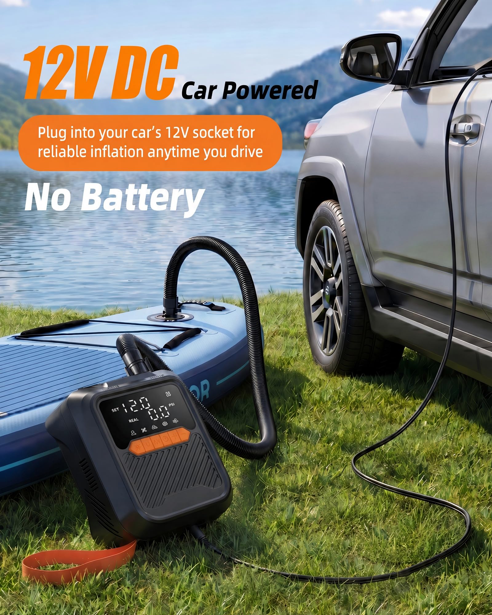 Gonfleur Paddle Électrique 20 PSI,Pompe Sup Électrique Haute Pression avec Connecteur Voiture 12V,Gonfleur Paddle Board Double Étape avec Arrêt Automatique pour Sup,Kayak,Bateau,Tente,Noir