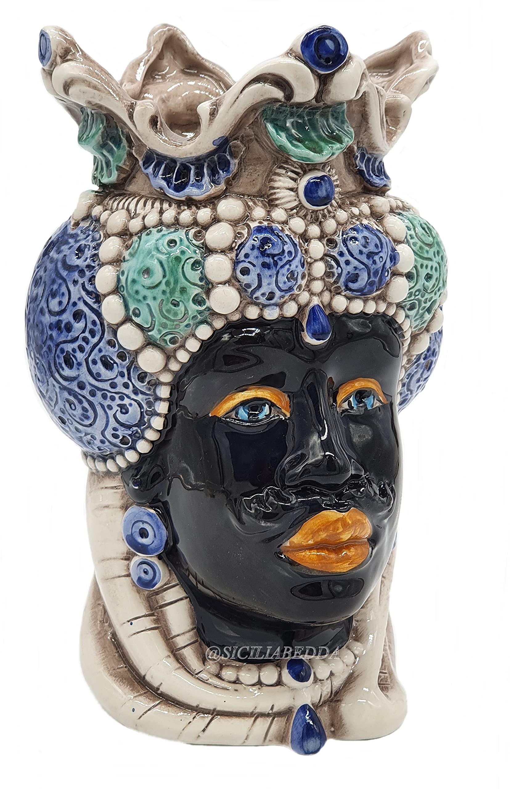 sicilia bedda - Teste di Moro Siciliane in Ceramica di Caltagirone - Realizzato Interamente a Mano - Altezza 18 Centimetri (Testa di Moro Saraceno Blu)