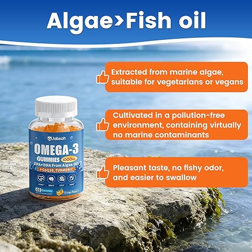 Miniatura 3 de Gomitas veganas Omega-3 de 1000 mg de aceite de algas (DHA 460 mg y EPA 230 mg), alternativa de aceite de pescado Omega 3 para adultos, más cúrcuma