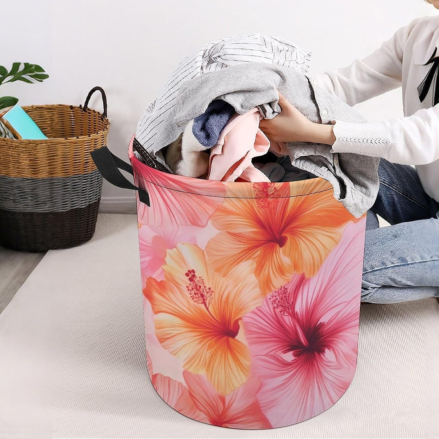 Hawaiian Floral Hibiscus Pattern Laundry Hamper Basket for Home Bathroom | clothes storage,handle,large capacity,oxford