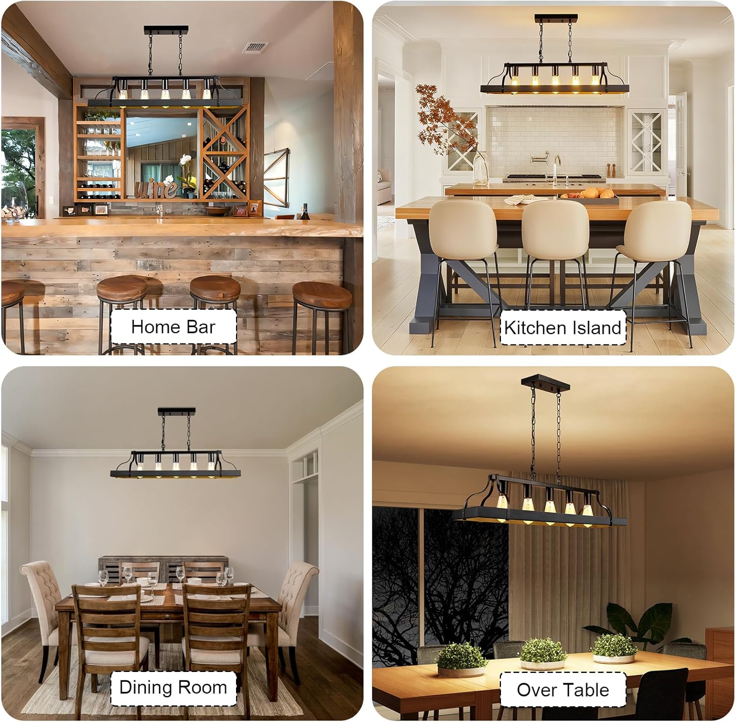 Rustic Farmhouse Chandelier, 33.4" Rectangle Black 5-Light Farmhouse Dining Room Light Fixture Over Table, Industrial Kitchen Island Hanging Pendant Ceiling Lighting Fixture