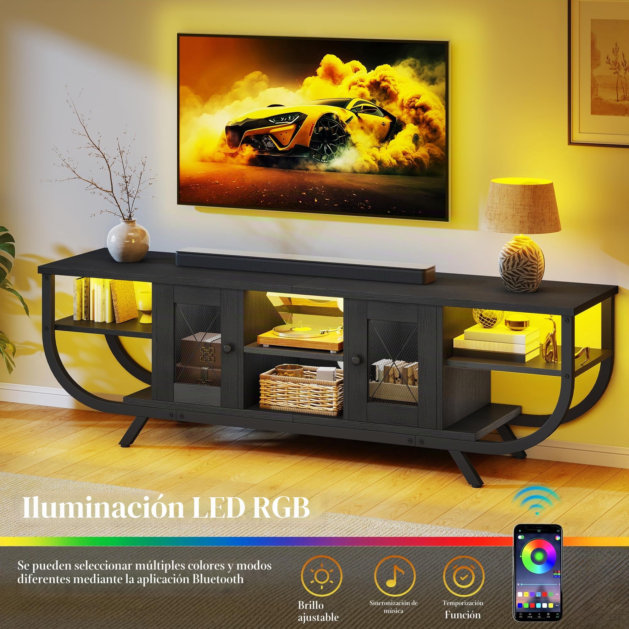 YITAHOME Industrial Mueble de TV, Mesa de TV de hasta 65 Pulgadas, 160 cm Mueble TV Salon con LED, Estantes Abiertos Centro de Entretenimiento Alto para Salón, Dormitorio, Negro