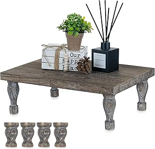 Hanobe Wooden Riser Decorative Tray: Farmhouse Wood Pedestal Display Stand Rustic Brown Tray Riser Centerpiece for Coffee Bar Kitchen Dining Room Home Table Decor, Short & Tall Footed