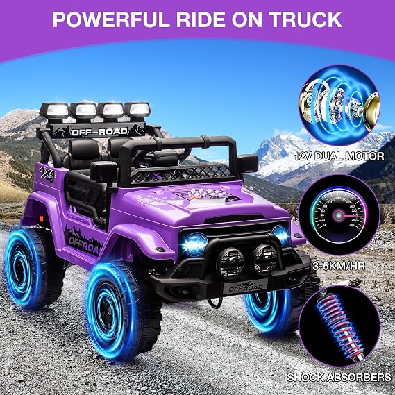 Kids Ride On Truck Car 12V, Electric Vehicles with Remote Control, Led Lights, Spring Suspension, Music & Horn, 3 Speeds
