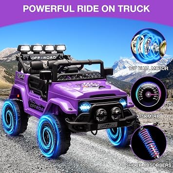 Kids Ride On Truck Car 12V, Electric Vehicles with Remote Control, Led Lights, Spring Suspension, Music & Horn, 3 Speeds