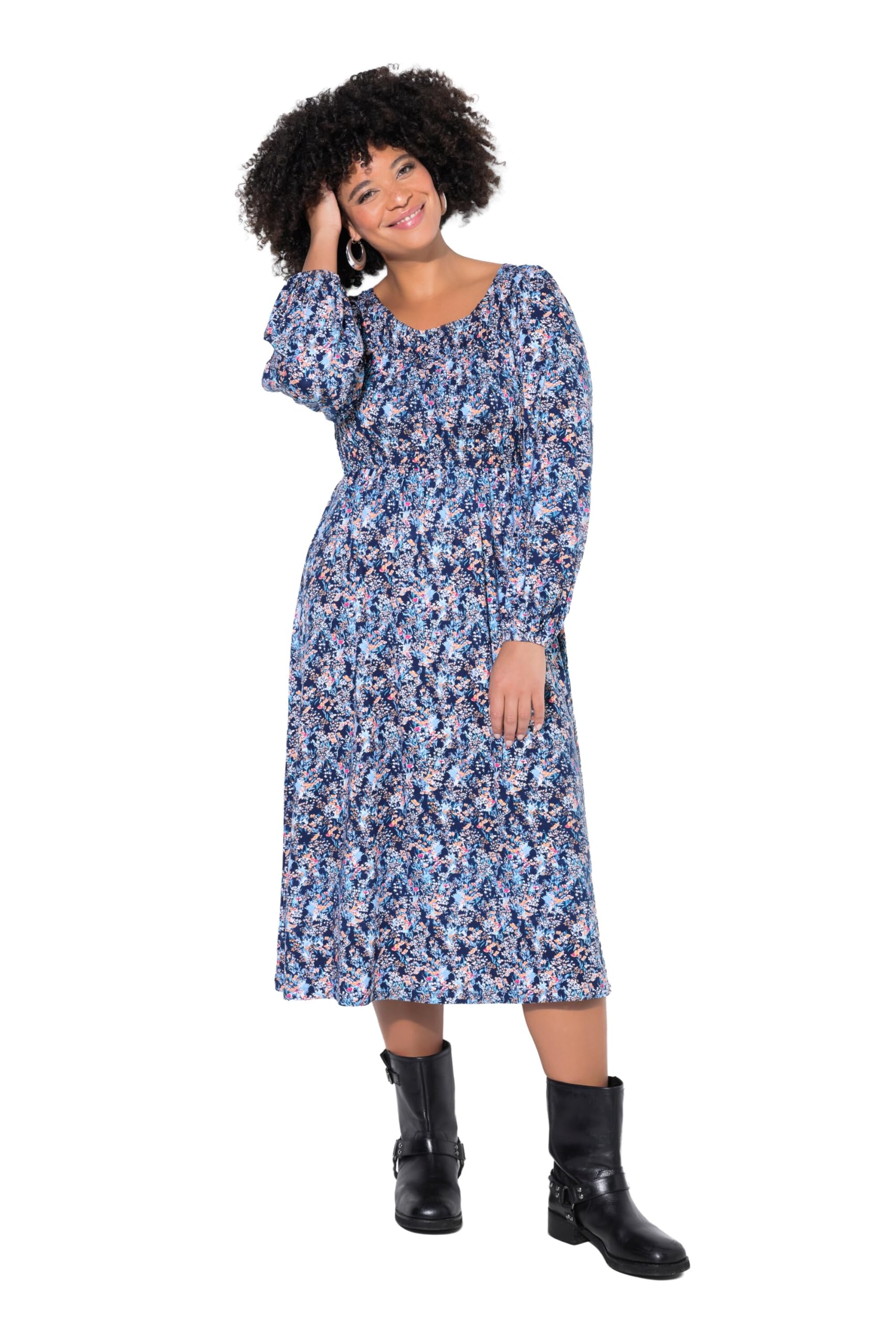 Angel of Style Damen große Größen Übergrößen Plus Size Kleid, Jersey, Blumenmuster, gesmoktes Oberteil, weiter Rock 848202