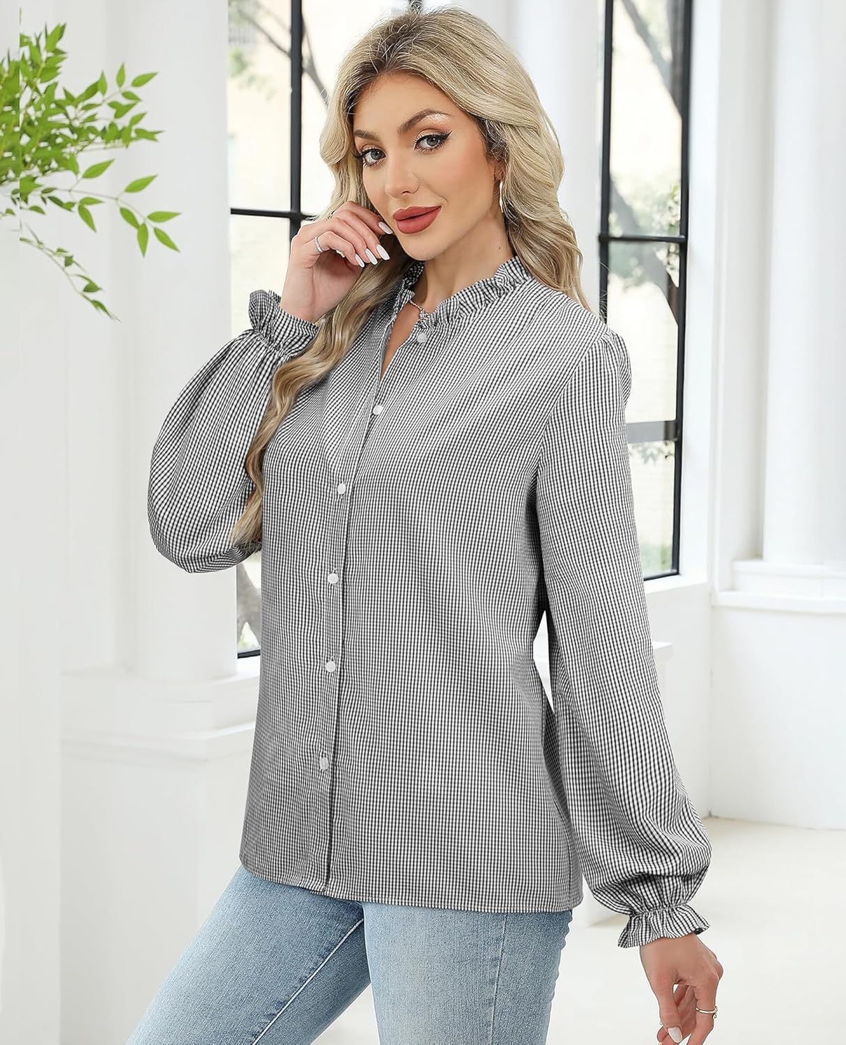 siliteelon Women's Plaid Button Down Shirts Long Sleeve Ruffle Collar Blouses Casual Cute Gingham Tops - Image 4