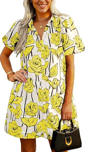 Women's Summer Button Down Shirt Dress Puff Short Sleeve Causal Sundresses Flora