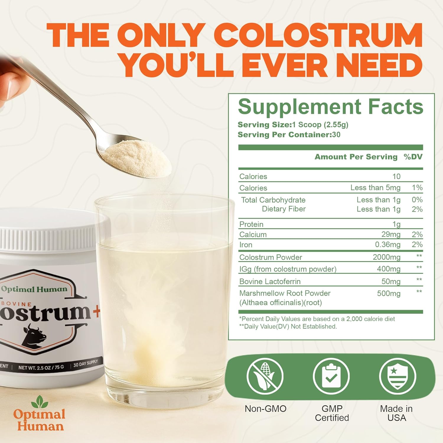 O H Optimal Human Bovine Colostrum Powder with Marshmallow Root – Gut & Immune Support Colostrum Supplement Capsules with IgG & Protein – Non-GMO, GMP Certified, Made in USA – Unflavored 30 Servings