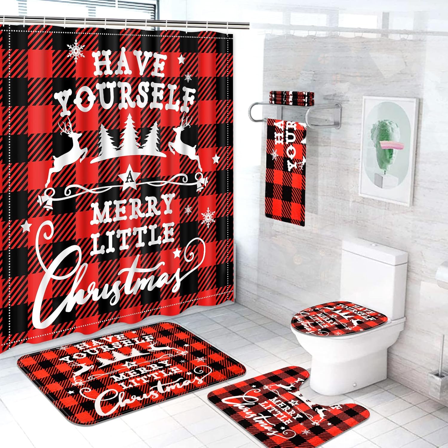 Amazon.com: Alishomtll 7 Pcs Merry Christmas Shower Curtain Sets with Rugs and Towels, Include ...