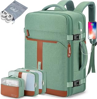 42L Travel Laptop Backpack, Expandable Carry-on Luggage, Anti-Theft Business Weekender Bag with USB Port, 3 Packing Cubes & Shoe Bag (Green)