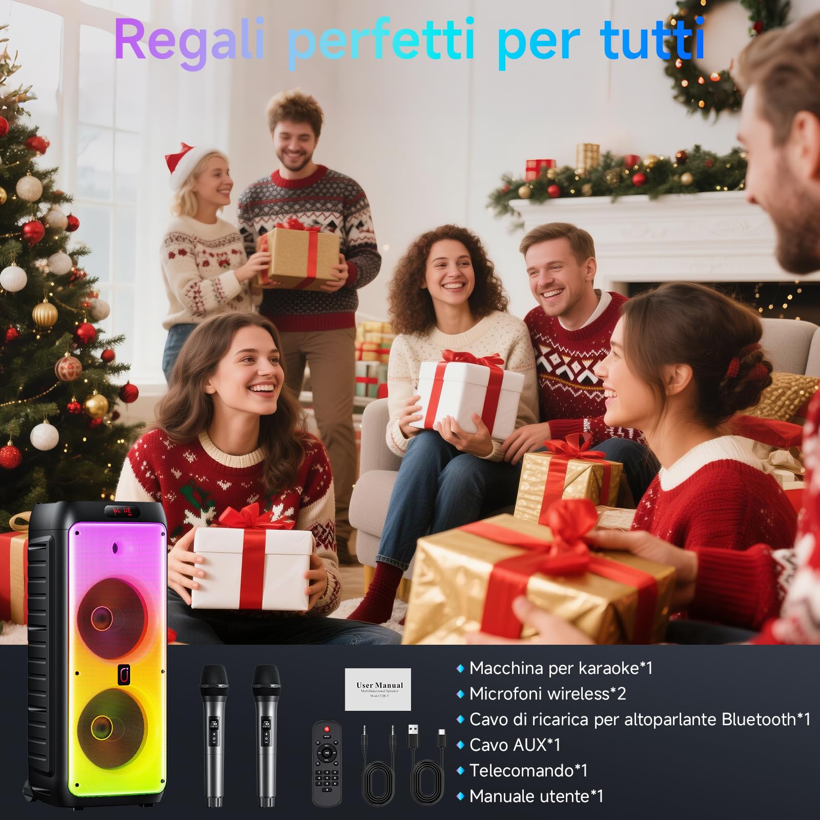 JYX Sistema Karaoke con 2 Microfoni Wireless, Altoparlante Karaoke Bluetooth Portatile Professionale con Luci LED, Ideale per Feste in Famiglia e Regali, Supporta USB/TF/AUX/MIC/TWS