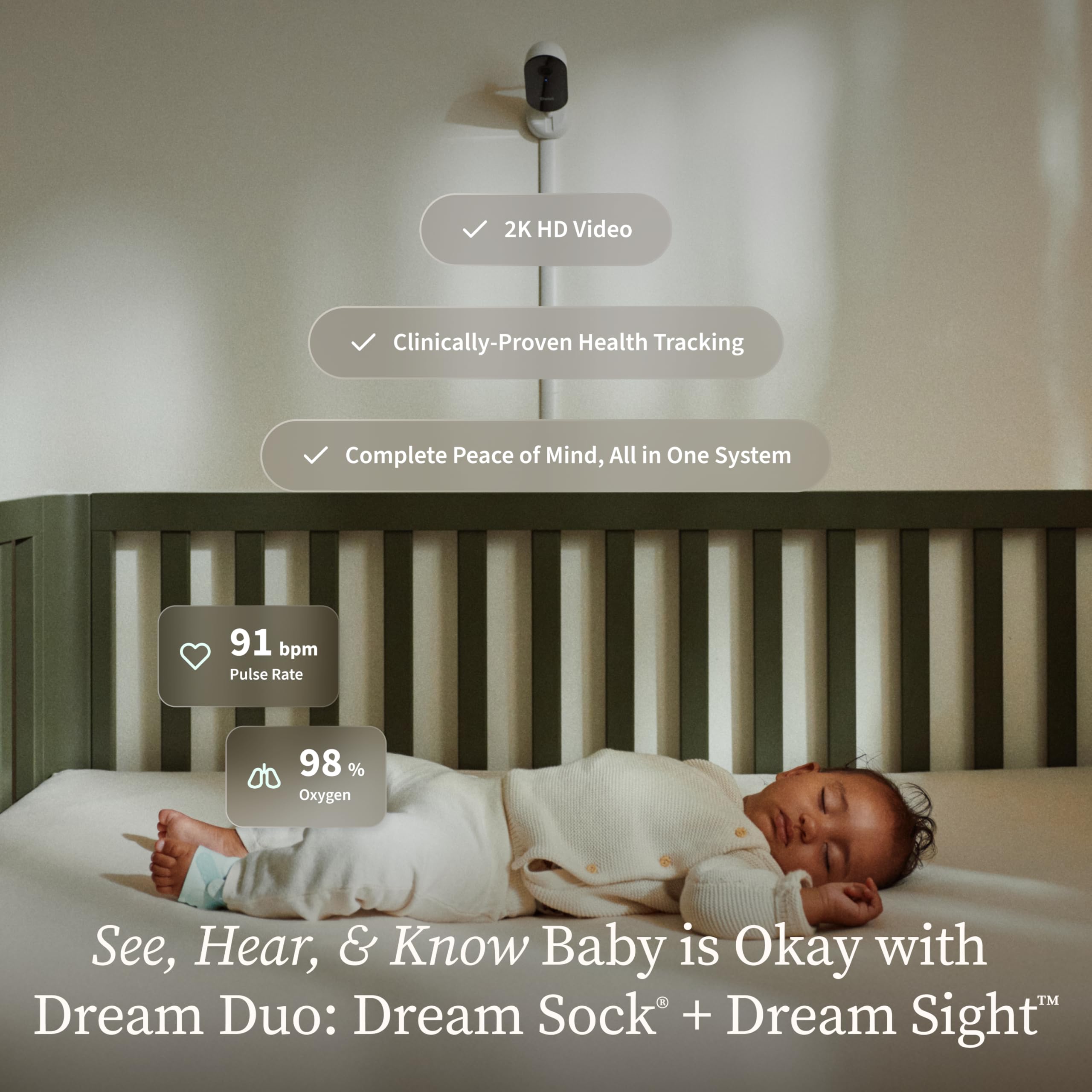 Owlet Dream Duo (3rd Gen) – Medically-Certified Smart Baby Monitor with Sock & HD Video Cam, Tracks Pulse Rate, Oxygen & Sleep, 2K HD Video, Cry & Motion Alerts, Temp Monitoring