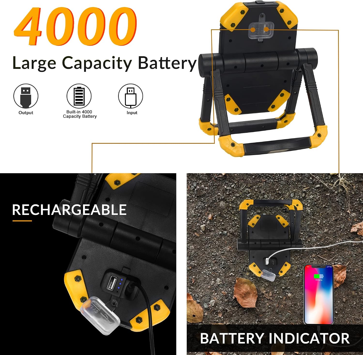 Adelante Rechargeable LED Work Light, 2500LM 30W COB Magnetic Working Lights with 4000 Capacity Mobile Charger & 360°Rotate Stand (Yellow)