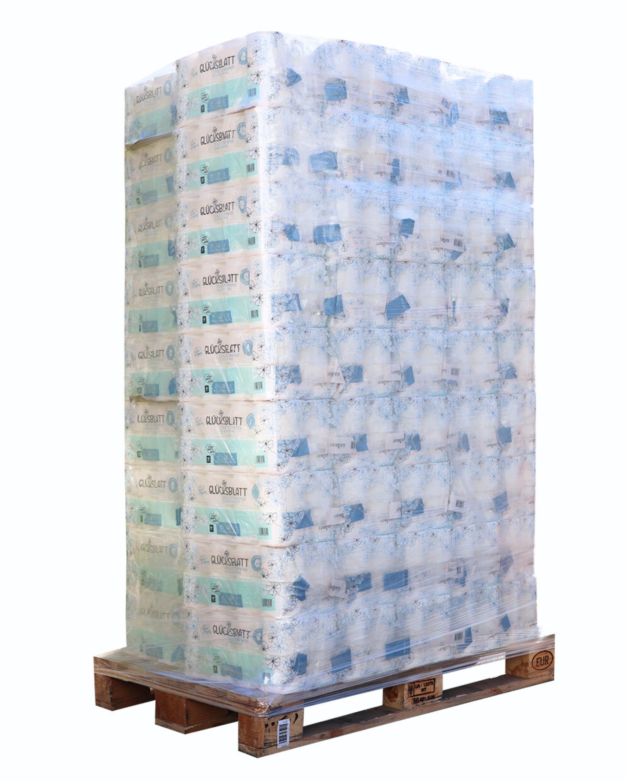 Glücksblatt Papier toilette blanc classique, 3 couches, 720 rouleaux x 150 feuilles, 100 % cellulose, papier toilette doux avec gaufrage bonheur, palette de papier toilette, emballage d'au moins 30 %