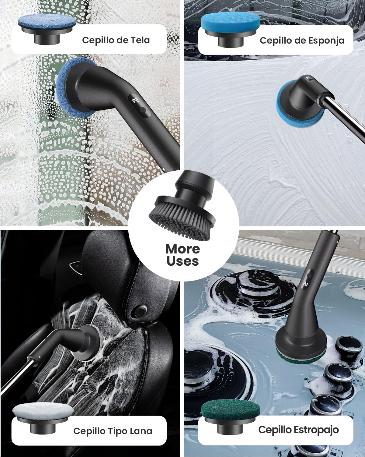 Leebein Cepillo Eléctrico Limpieza Hogar, 2026 Fregadora Giratoria Eléctrica, IPX7 Impermeable con 7 Cabezas, Mango Extensible y 2 Velocidades para Baño, Suelo, Cocina y Coche