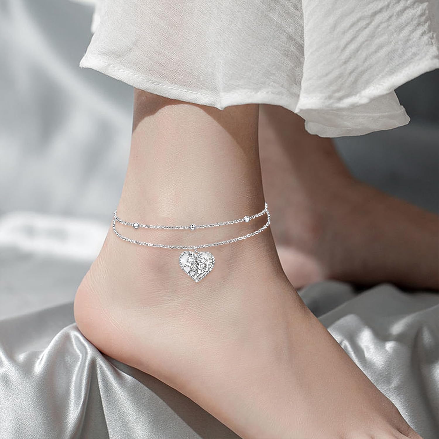 Ankle Bracelets for Women: 925 Sterling Silver Double Layer Anklet Adjustable Chain Dainty Foot Anklets Jewelry Gifts - Image 7