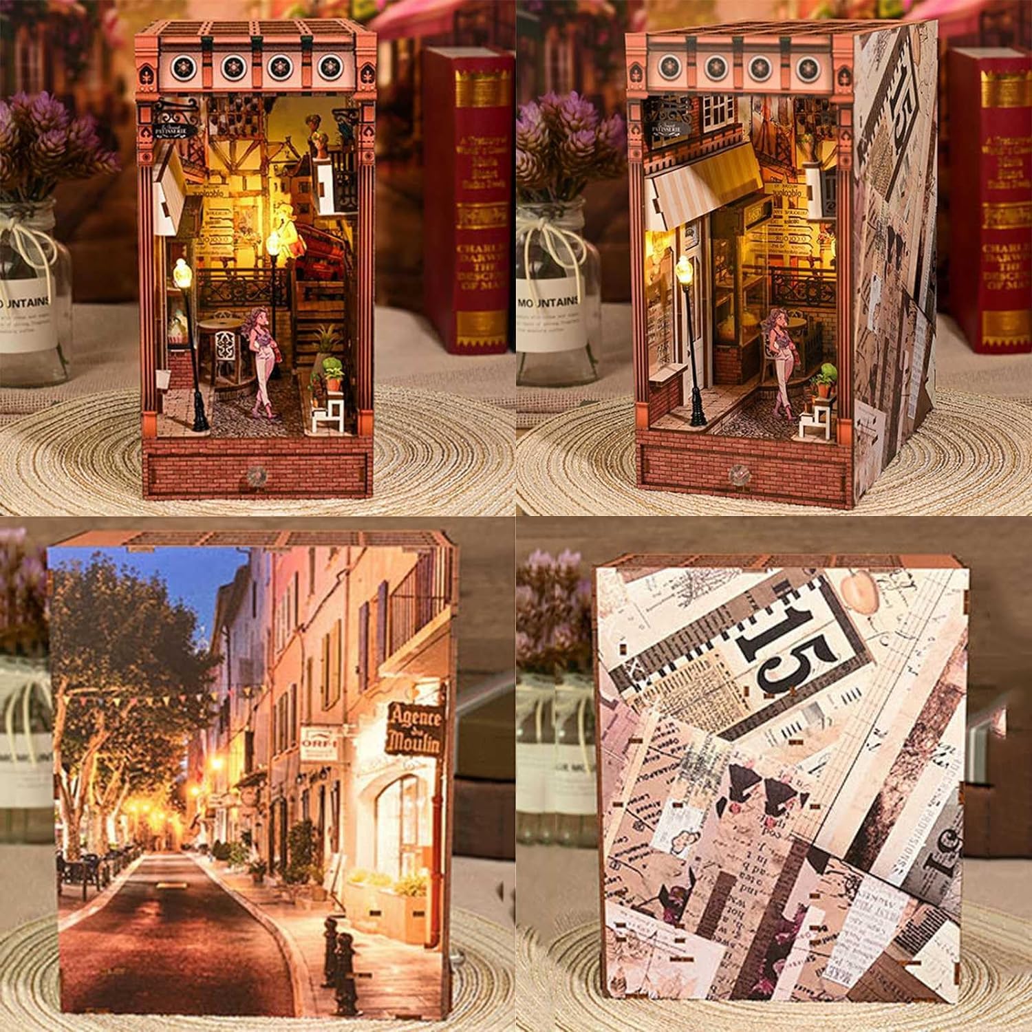 Model edukacyjny Zestaw LED do kącika książek-DIY Dekoracyjny stojak na książki do dekoracji półki na książki, drewniane puzzle 3D Miniaturowy domek dla lalek Kreatywność Wkładka na półkę z dotykiem L