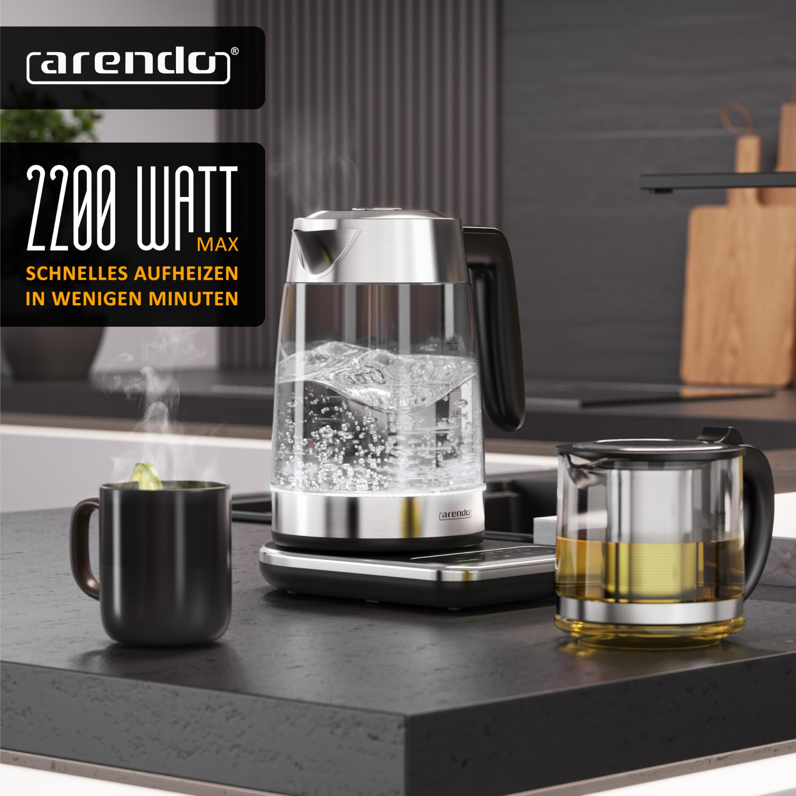 Arendo - Glas Wasserkocher mit Temperatureinstellung 1,8 Liter - Edelstahl Teekocher 0,8 Liter mit Sieb - 2200 W – Überhitzungsschutz – Temperaturauswahl 40° - 100°C - Warmhaltefunktion