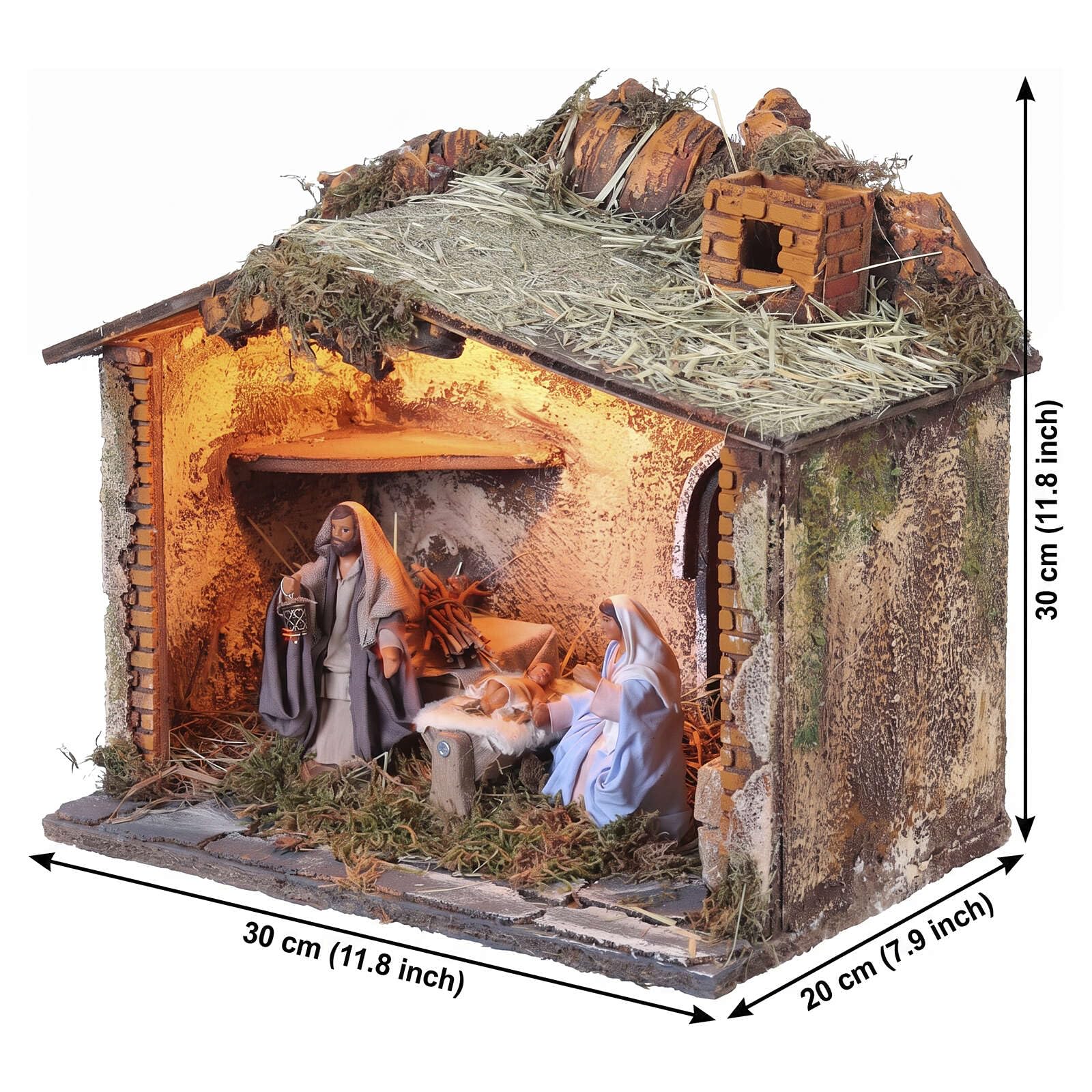 Holyart Crèche Napolitaine: Cabane illuminée avec Nativité en Mouvement crèche napolitaine 10 cm 28x30x20