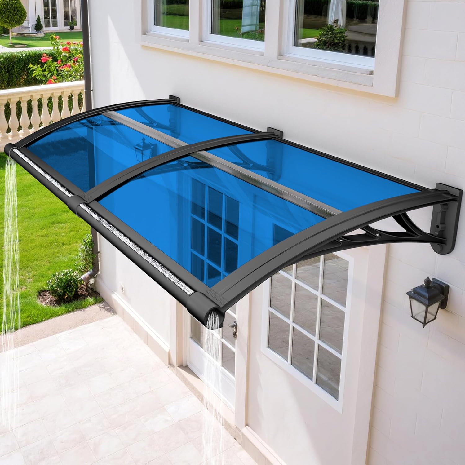 Door Awning with Drainage Sink, 32x79in Awning for Windows, UV, Rainproof, Snowproof with Plastic-Steel Brackets and Polycarbonate Board Overhang Door Canopy for Porch Patio