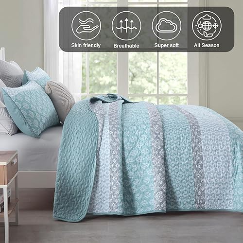 Miniatura 3 de Cottolester Juego de edredón Aqua tamaño Queen bohemio a rayas, juego de ropa de cama de microfibra suave y ligera de 96 x 90 pulgadas (3 piezas)