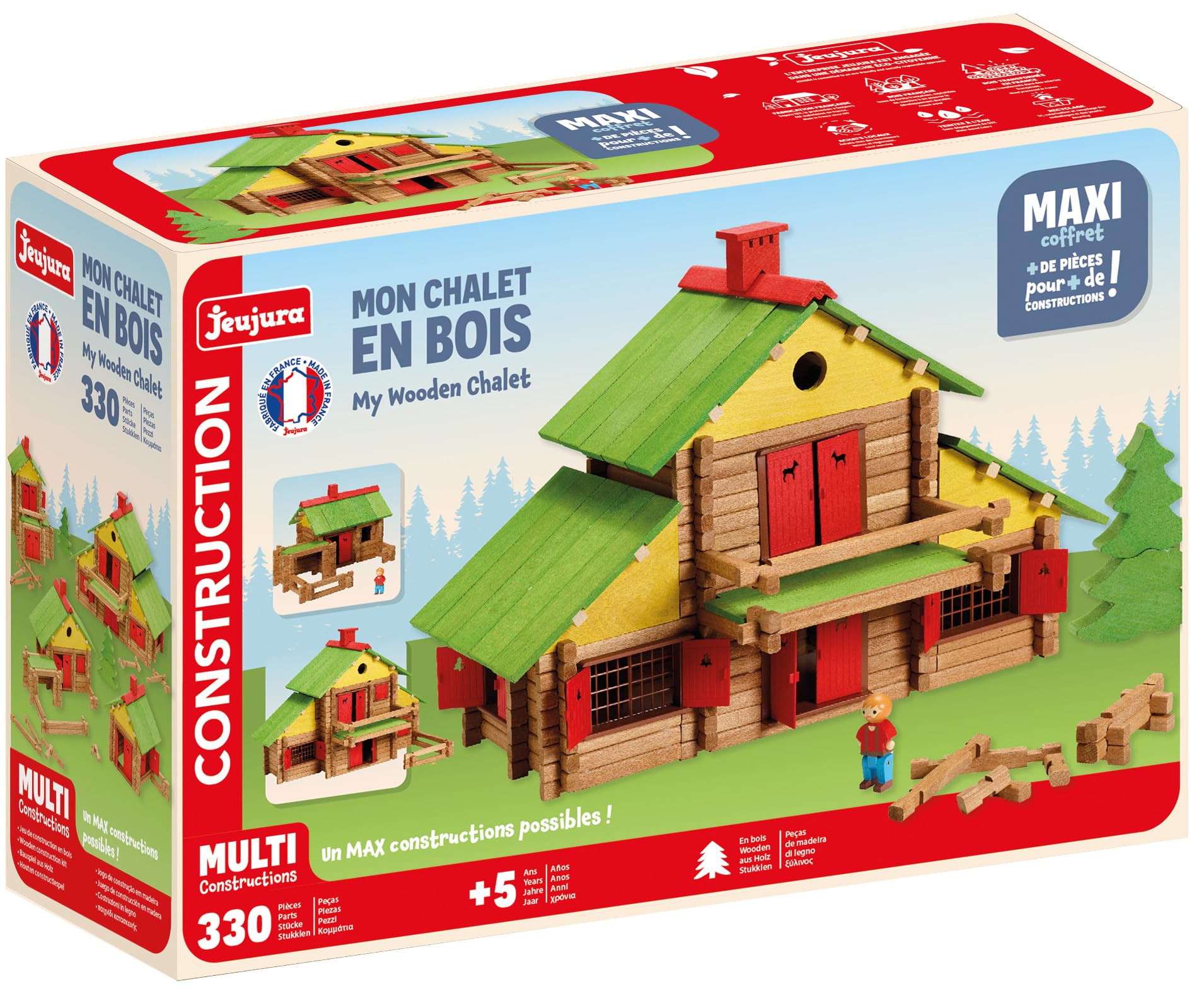 JEUJURA - Mon Chalet en Bois - Maxi Coffret 330 Pièces en Hêtre - Jeu de Construction dès 5 Ans - Nombreux Chalets à Construire et Démonter - Coffret Créatif et Éducatif - Fabriqué en France - 1805