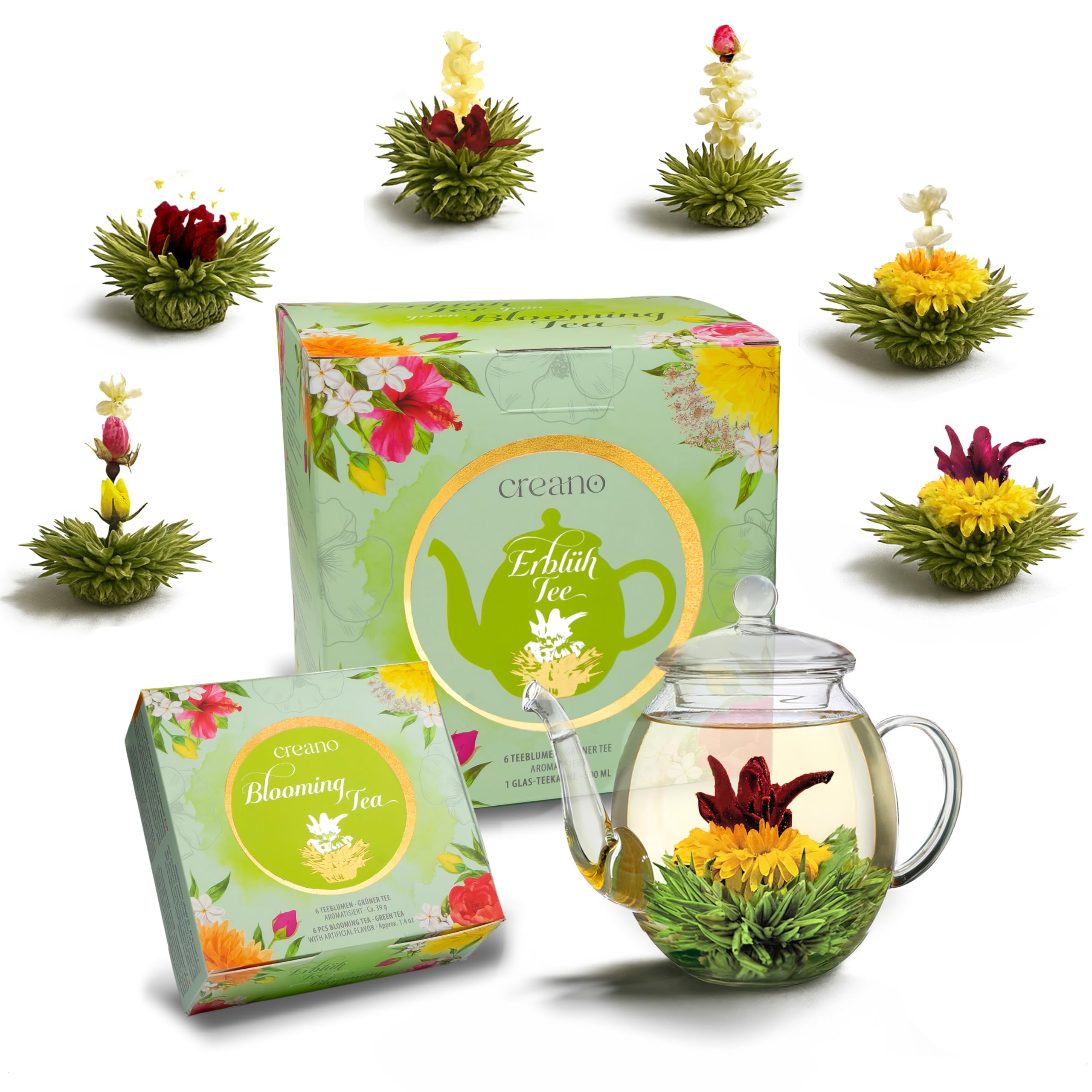 Creano Teeblumen Geschenkset - Flower Design - Erblühtee Frühjahrslese mit 500 ml Glaskanne und 6x grüner Tee - Geschenk zu Valentinstag, Muttertag