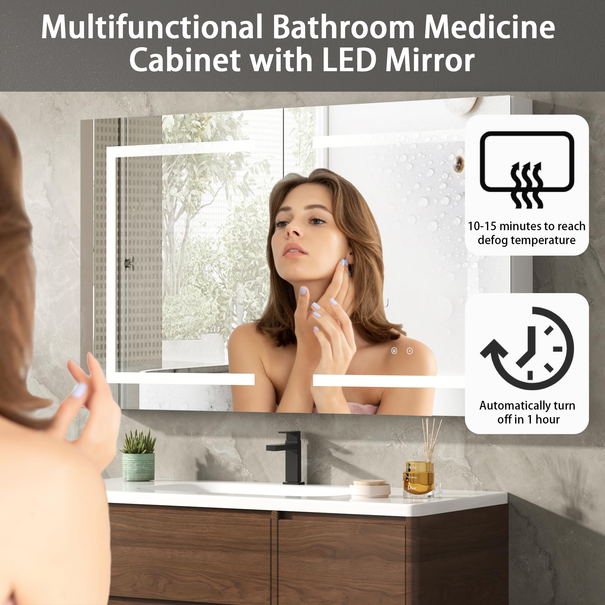 100% Premontado Armario Espejo Baño 80x60 cm con Luz LED, Antivaho, Enchufe y USB, Armario de Baño de Aluminio, Estantes de Cristal Regulables, Montaje en Pared para Cuarto de Baño