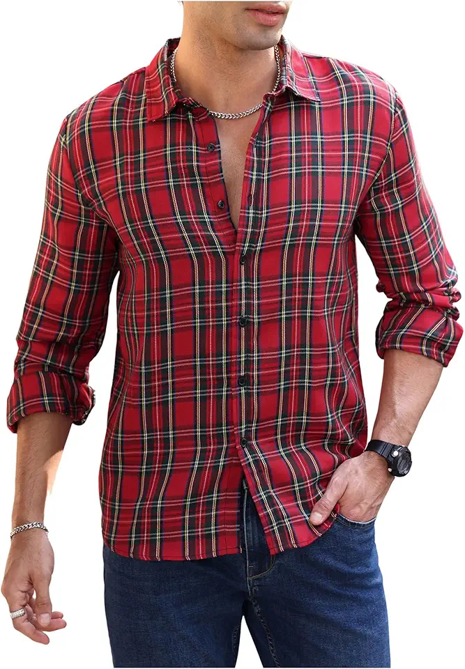 Men's Plaid Shirt Checkered Long Sleeve Collared Button Down Casual Shirts