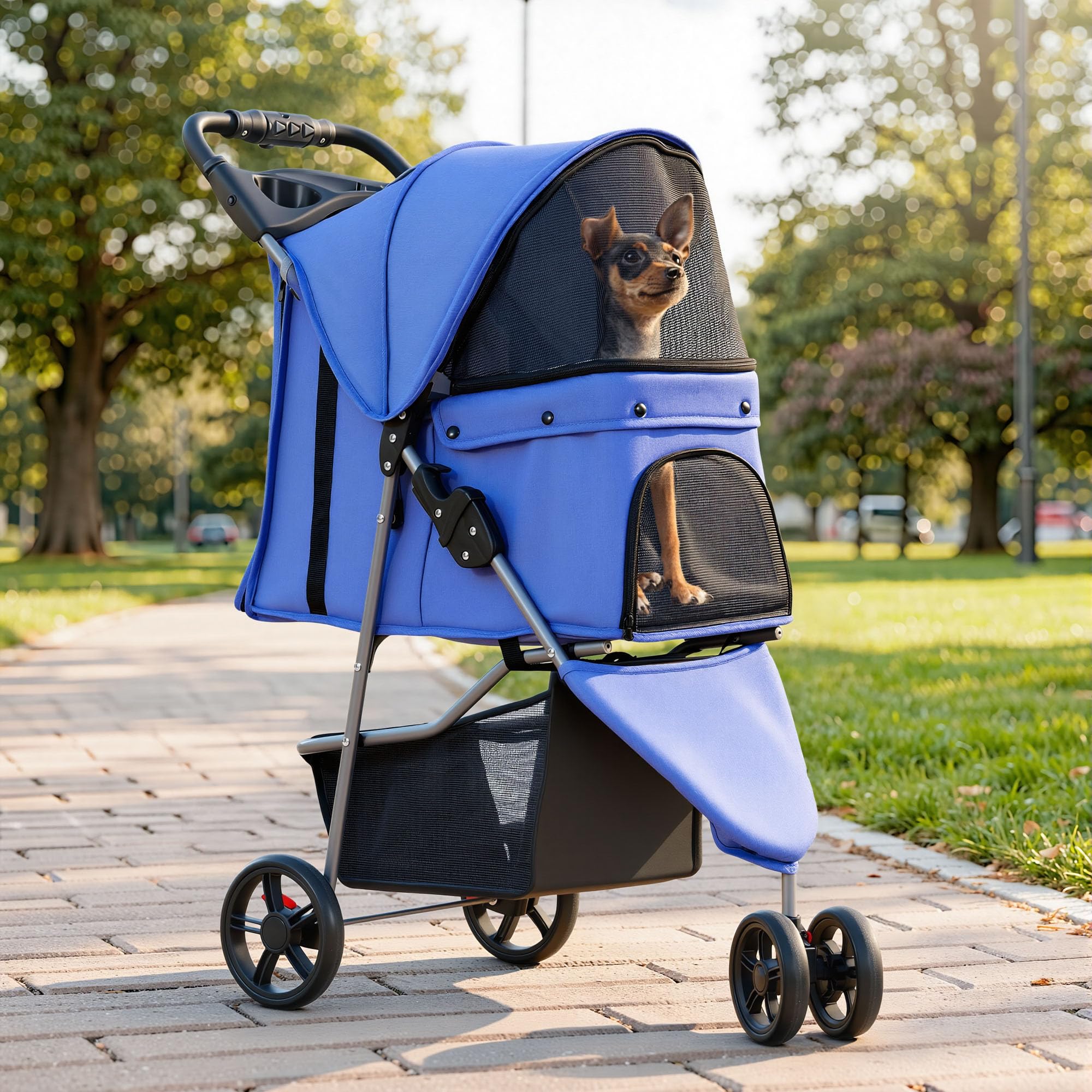 YITAHOME 15 kg faltbarer Hundewagen, Katzenbuggy mit 3 Rädern, Netzfenstern, Getränkehalter und Bremsen, geeignet für Haustiere unter mittlerer Größe Jeansblau