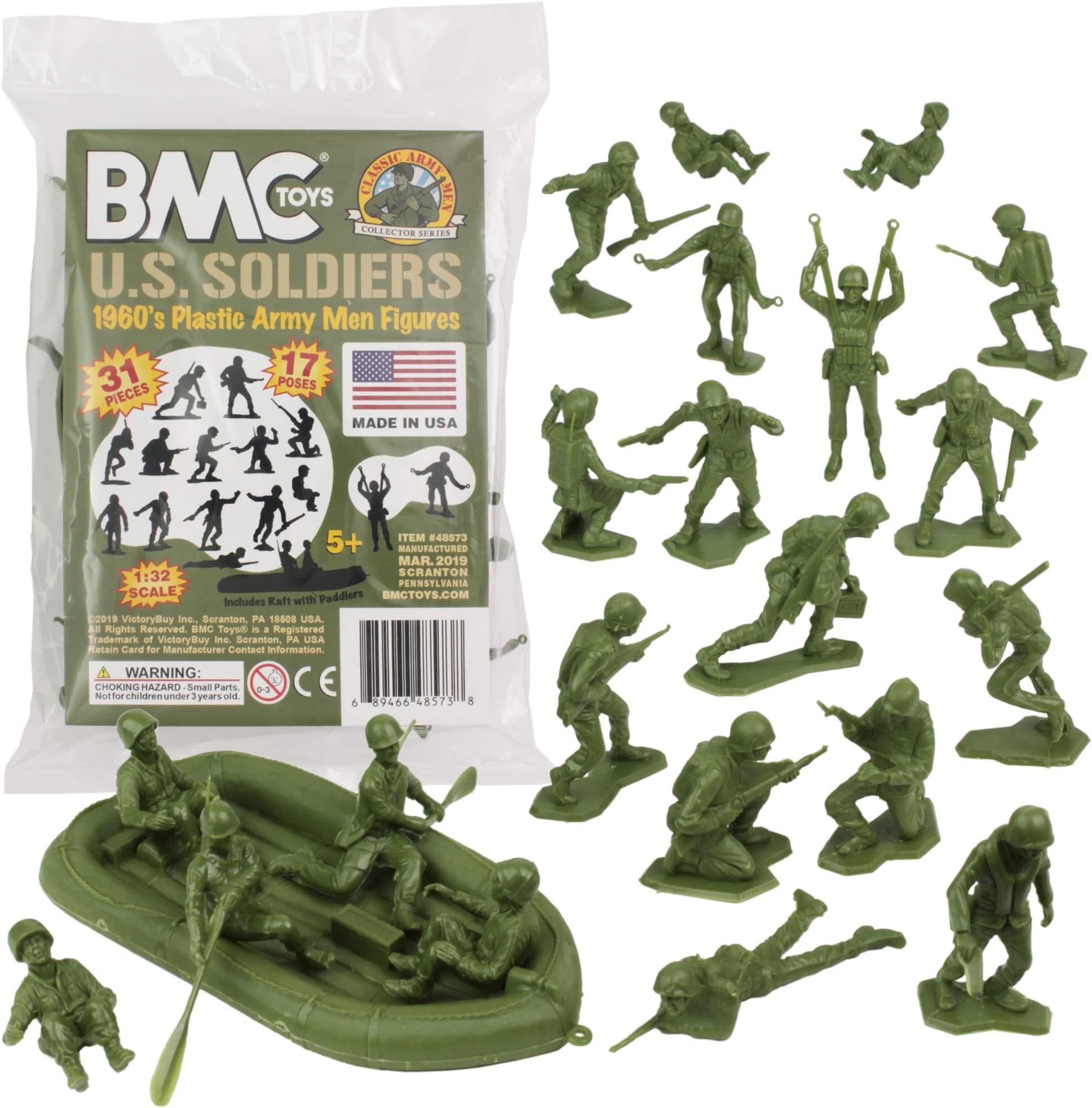 BMC Toys (Od Green) - Marx Plastic Army Men US Soldiers - OD Green 31pc WW2 Figures - Made in USA