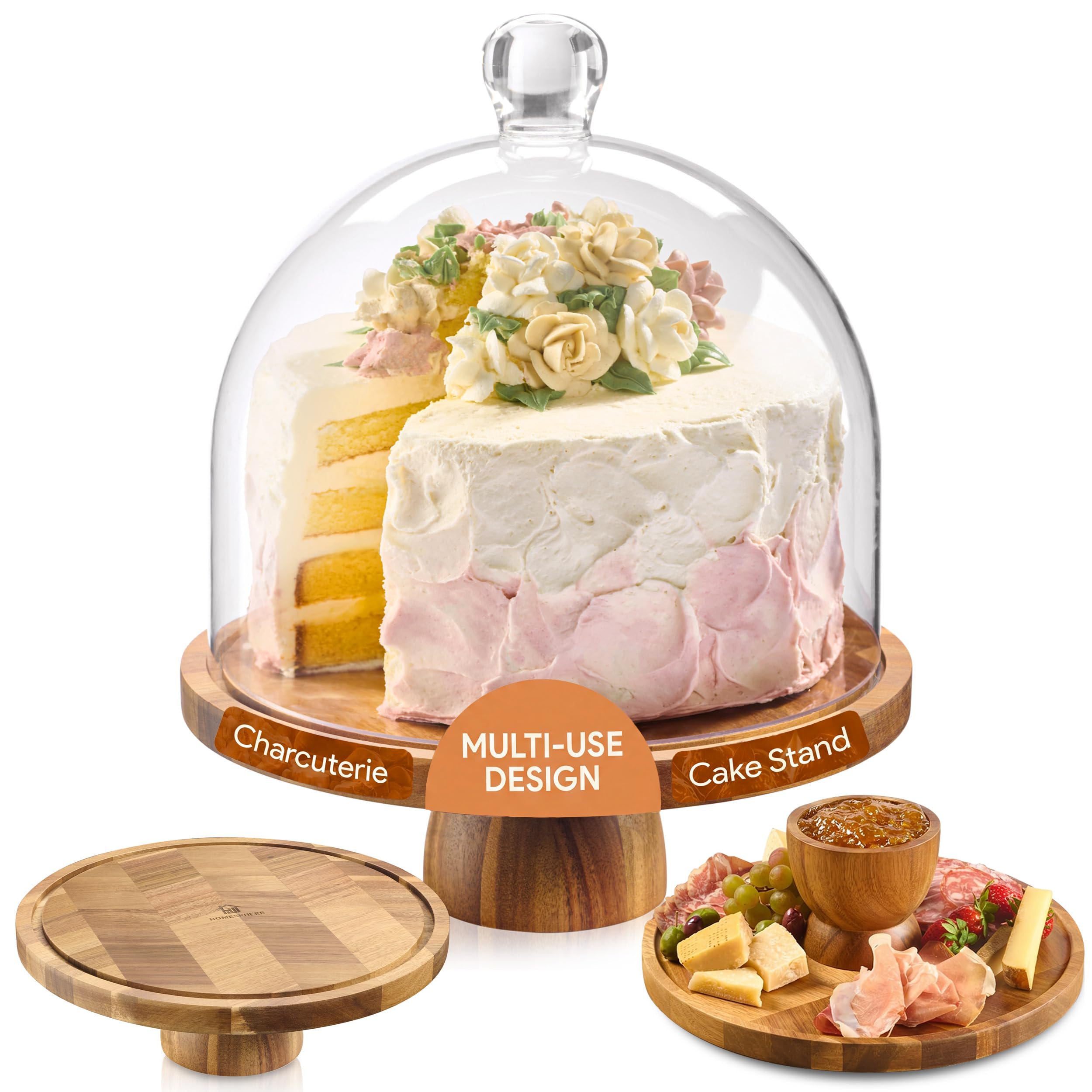 HOMESPHERE High Dome Acacia Wood Cake Stand with Lid - 12 in Round Cake Holder with Tall Acrylic Cloche Cover, 2in1 Dessert Display & Charcuterie Board, No Glass