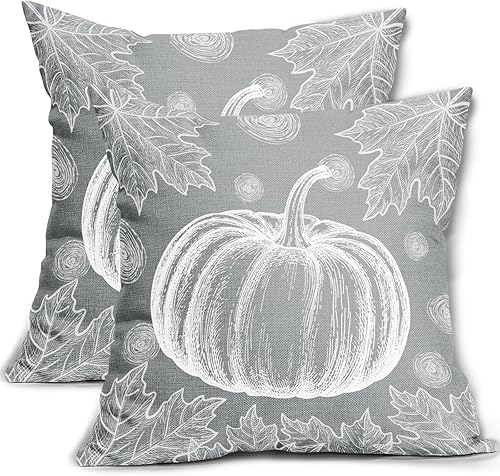 Juego de 2 fundas de almohada de otoño de 18 x 18 pulgadas, color gris y blanco, con estampado de hojas de arce, fundas decorativas para exteriores,