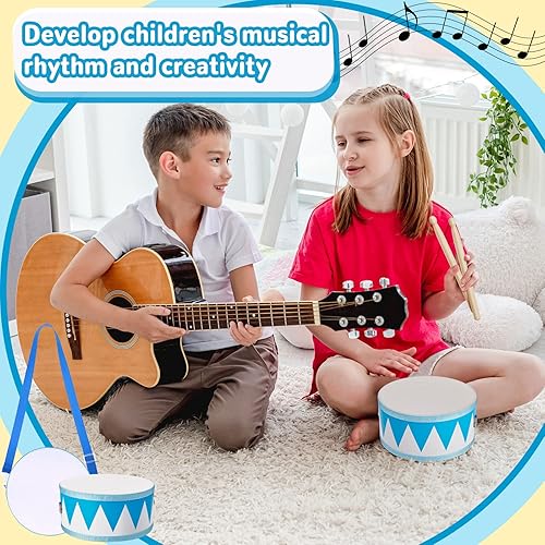 Miniatura 6 de Juego de batería para niños de 7.87 pulgadas, batería de juguete de madera con correa ajustable, 2 baquetas, juego de batería de instrumentos