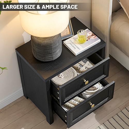 Miniatura 6 de Juego de 2 mesitas de noche negras, juego de 2 mesitas de noche de granja, mesita de noche negra y dorada con 2 cajones, mesa auxiliar de cama de