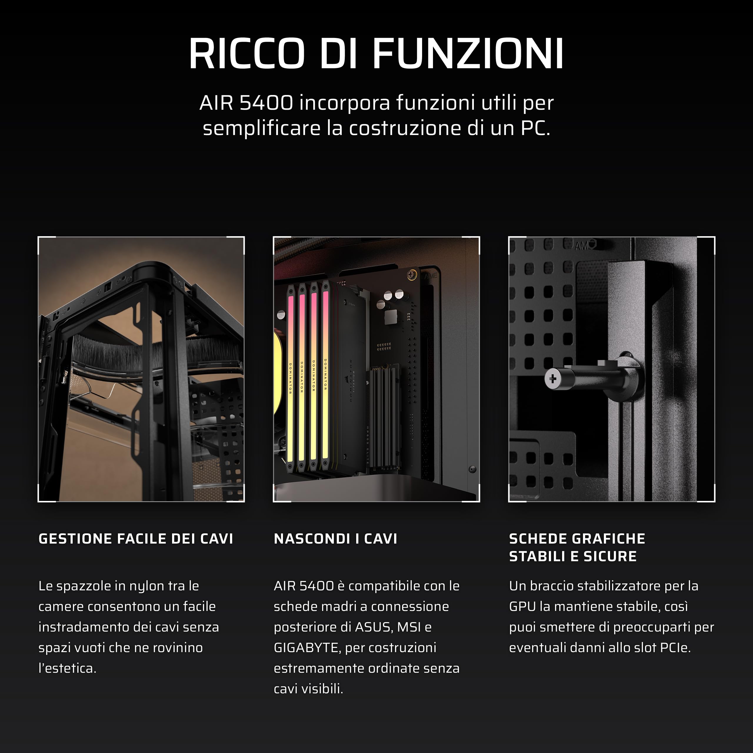 CORSAIR AIR 5400 LX-R RGB iCUE LINK Case PC Panoramico Mid-Tower – Nero | A Tripla Camera, 3 Ventole LX-R RGB Rotazione Inversa, Condotti Silenziosi ad Alto Flusso, Supporto Scheda Madre Inverso