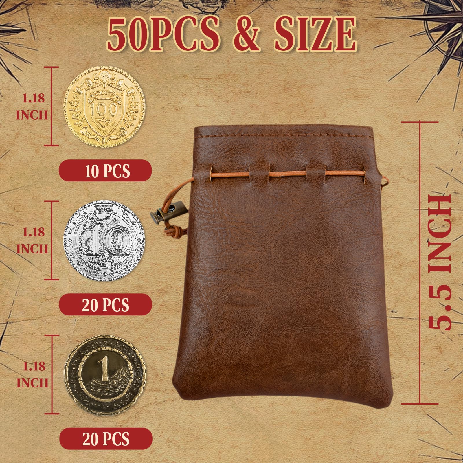 Byhoo 50 monete DND in metallo, 1,2 pollici, oro argento, rame, con valore nominale per gioco da tavolo e tavolo RPG, monete in metallo fantasy per pirati, giochi, feste, cosplay