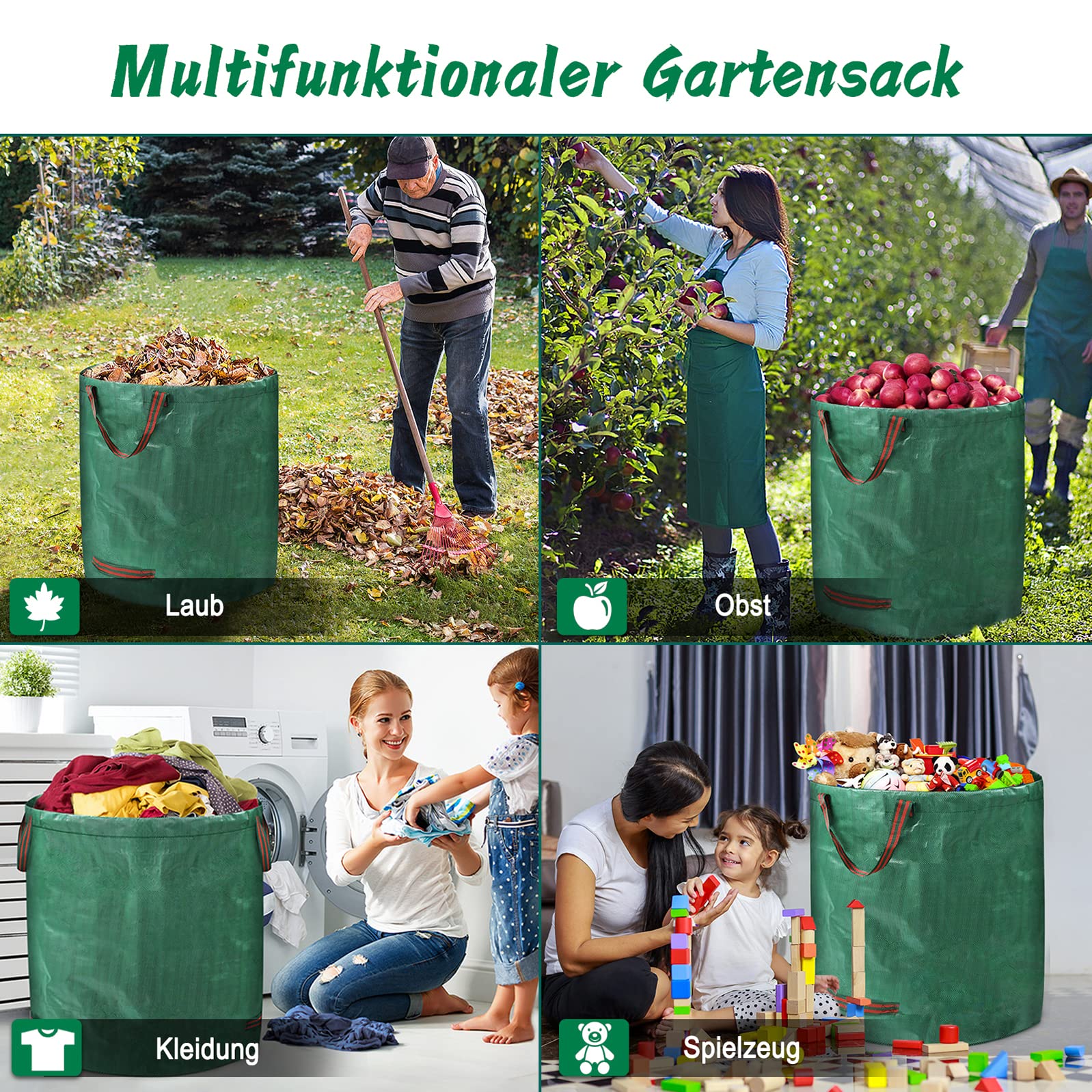 LZQ 8X Gartenabfallsack Gartensack Pop Up Stabil 272L, Laubsack Selbstaufstellend Faltbar Grünschnittsäcke aus Robuste Polypropylen-Gewebe (PP) 150g/m² mit Griffen für Gartenabfall Laub
