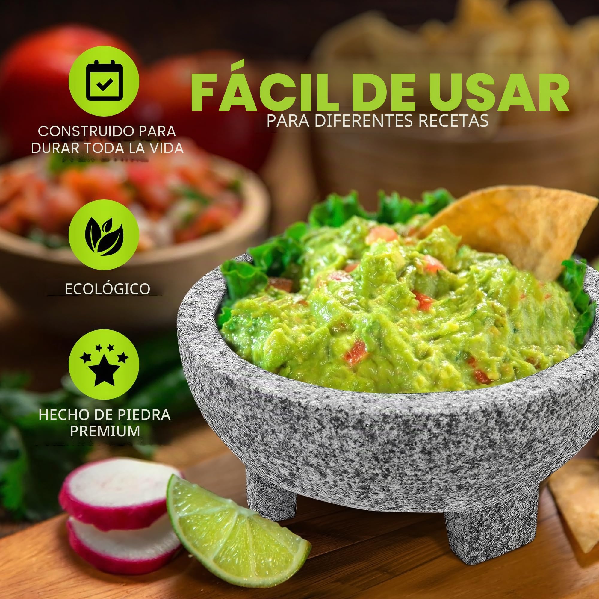 Granite Mortar and Pestle Set guacamole bowl Molcajete 8 Inch - Natural Stone Grinder for Spices, Seasonings, Pastes, Pestos and Guacamole - Extra Bonus Avocado Tool Included