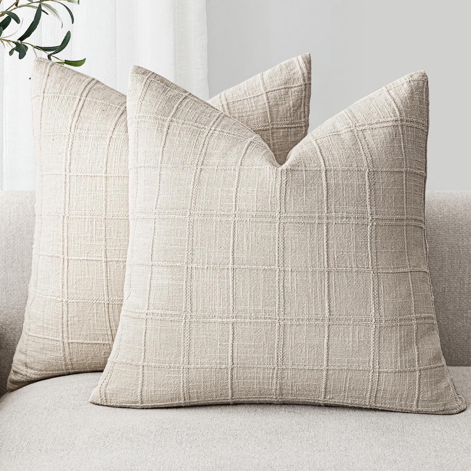 Foindtower Linen Check Decorative Throw Pillow Covers 24×24 Natural Beige