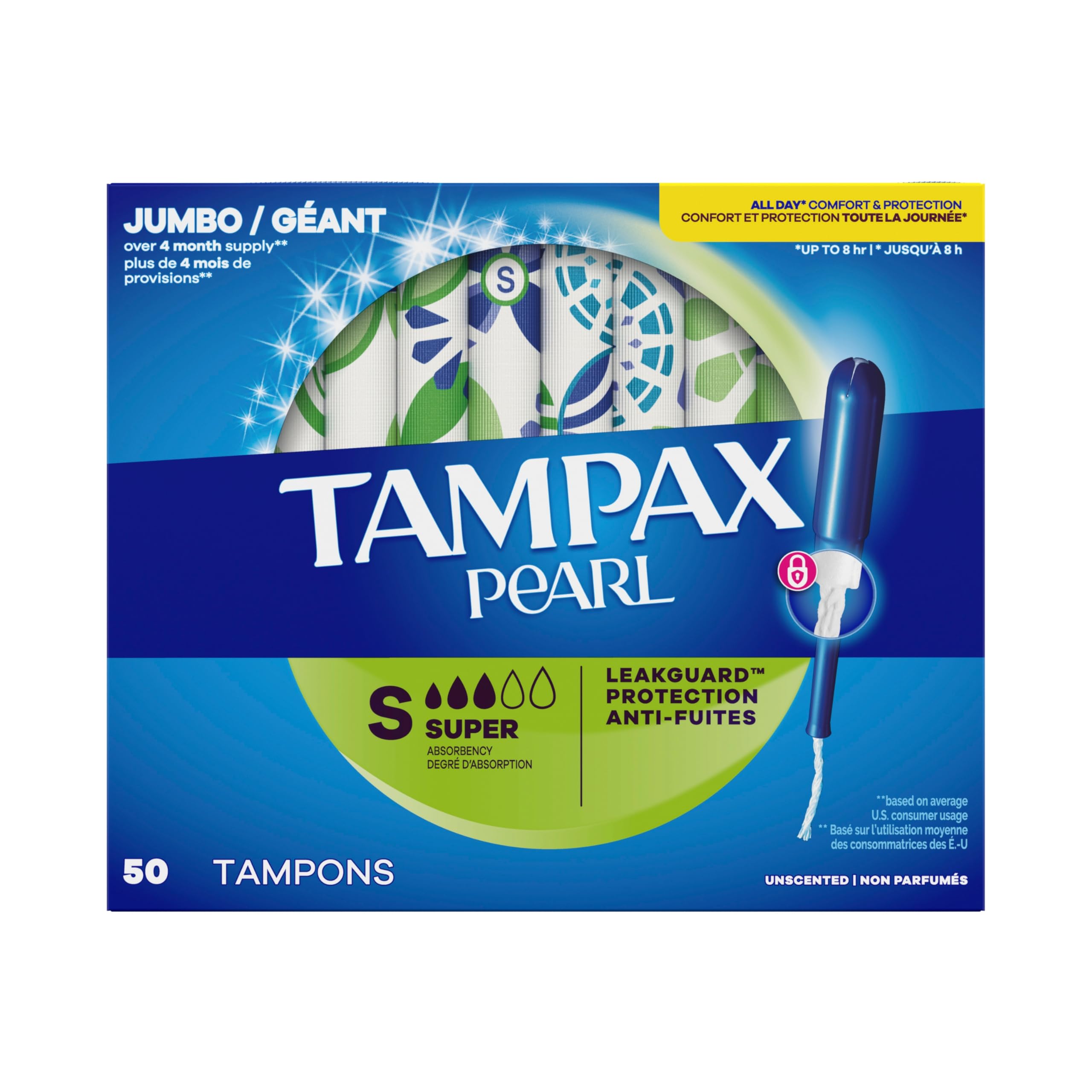 Tampax Pearl Tampons for Women, with LeakGuard Braid, Super Absorbency, Unscented, 50 Count