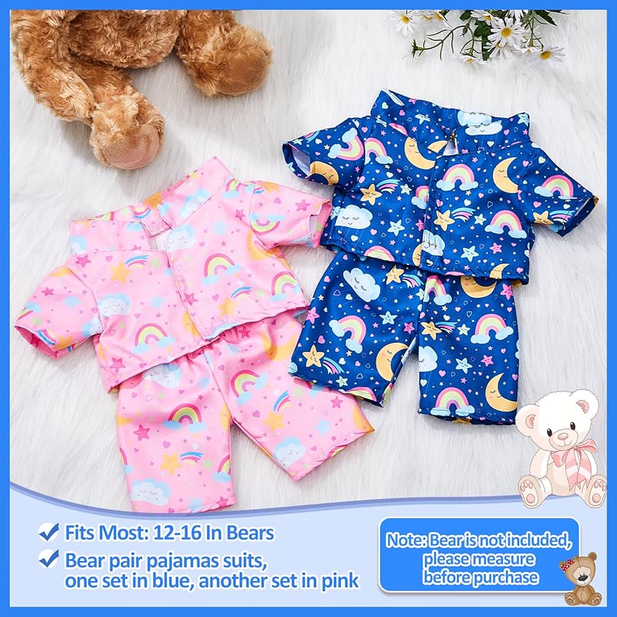 Build A Bear 2-Pack Teddy Bear Clothes Outfits - Blue & Pink Pajama Sets For 12-16" Stuffed Animals (Machine Washable) Skzoo Plush