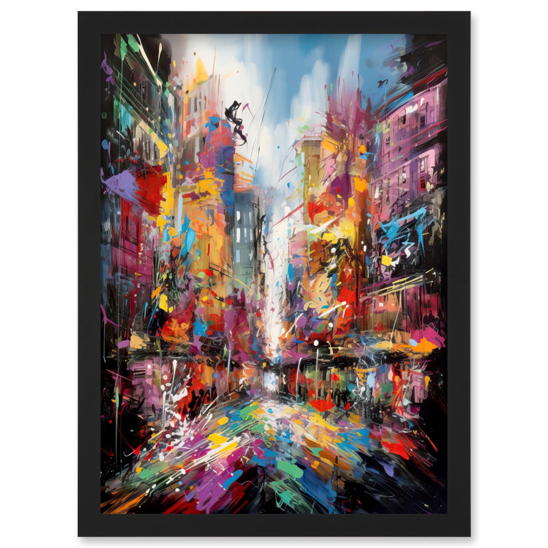 Artery8 Abstract City Street Modern Vibrant Cityscape Artwork Framed Wall Art Print A4